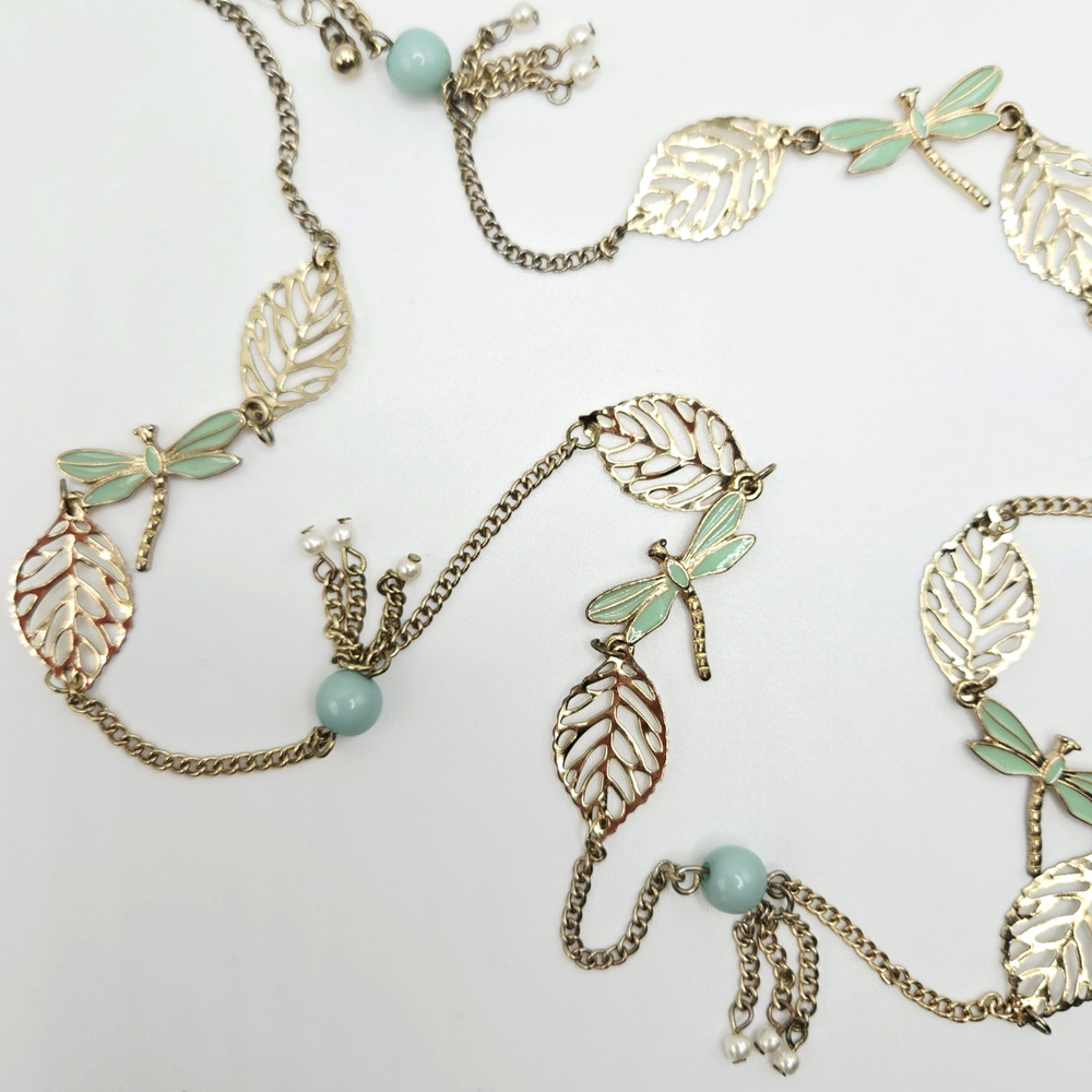 Dragonfly Necklace Goldtone Leaves Tassel Blue Green Enamel Cute Boho Nature 36"
